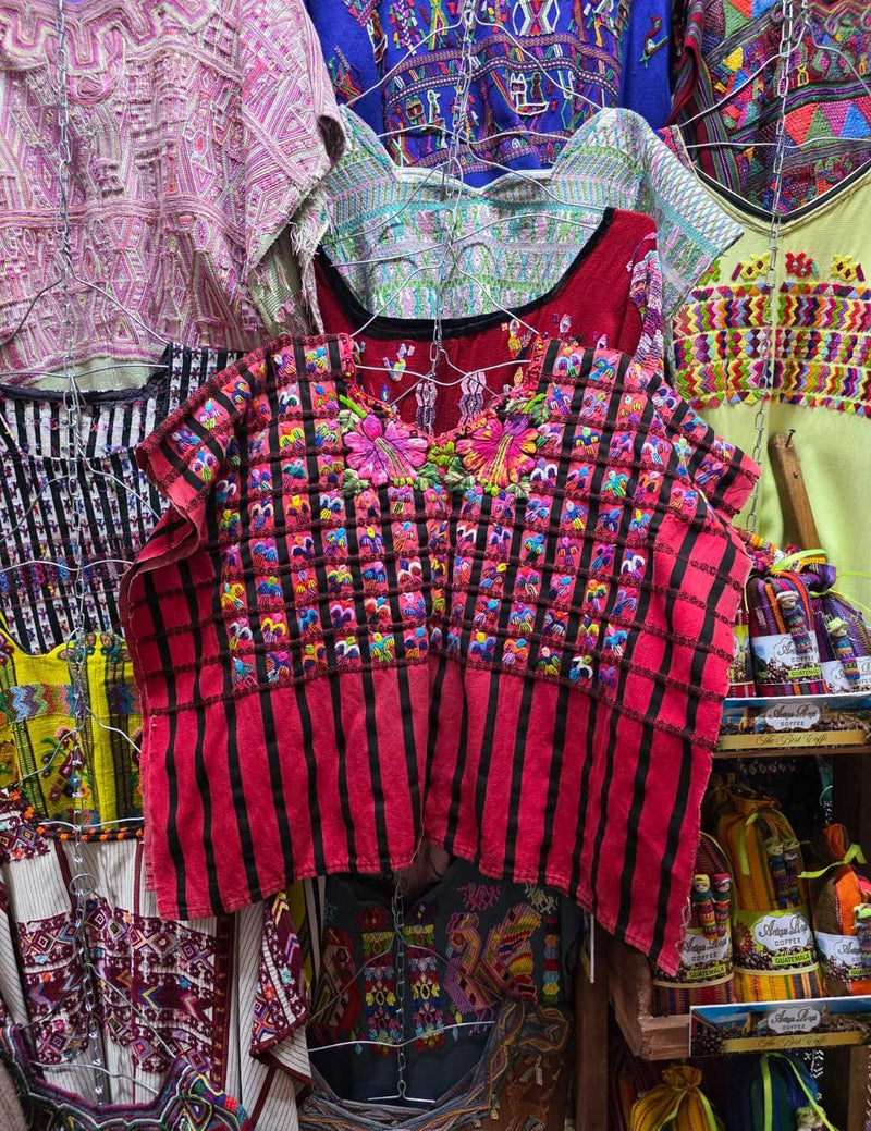 (Reserved for Anne) Colourful on red Santiago huipil #6-137