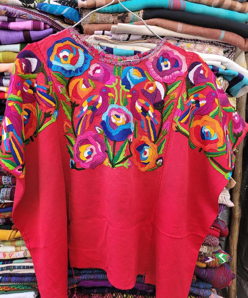 Red Chichi bird and flower huipil