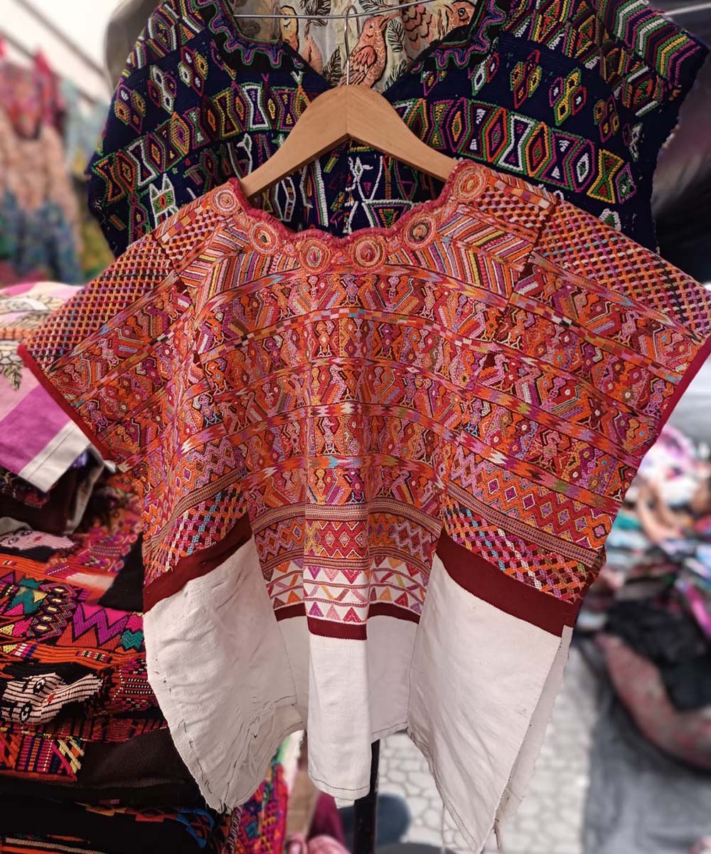 Red San Juan Cotzal huipil with simple neckline