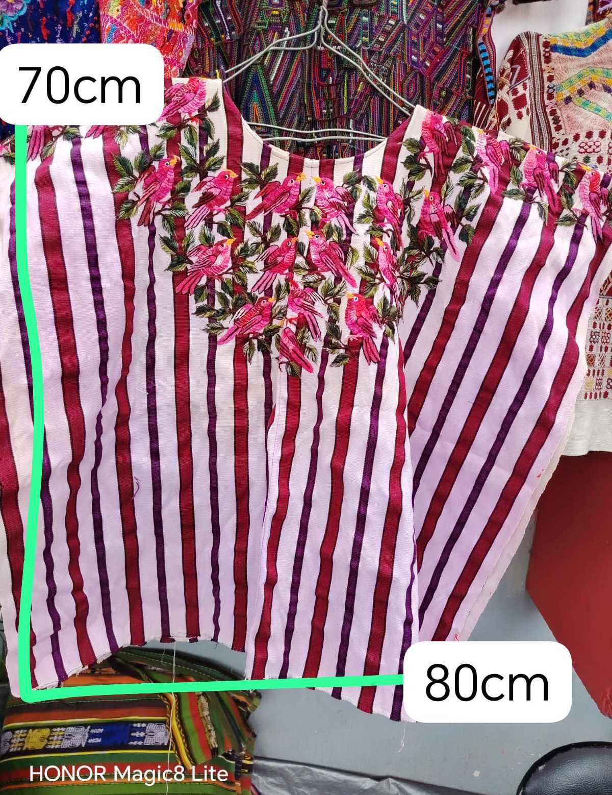Pink birds on red and white stripes Santiago huipil #6-141