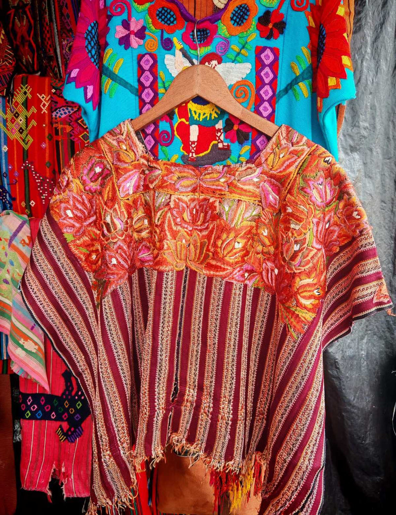 Coral and Burgundy Patzun Huipil #6-281