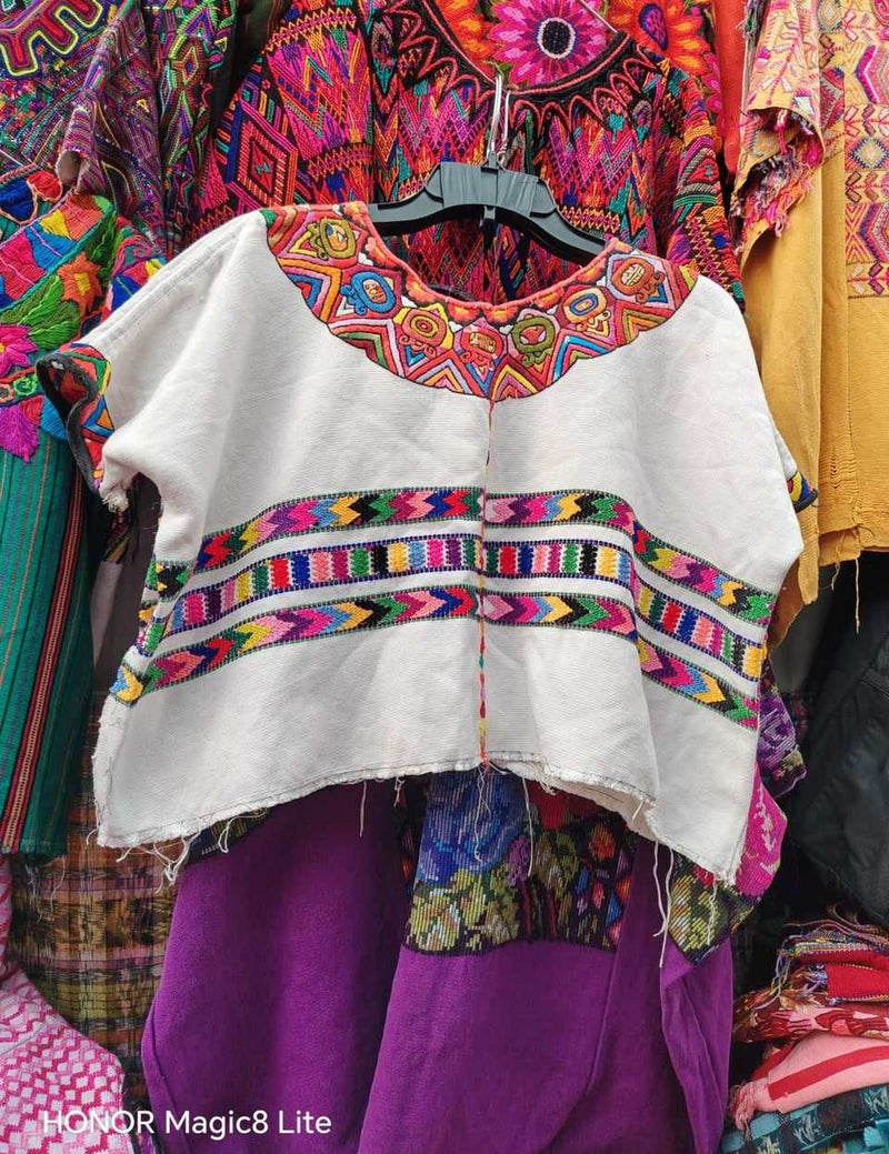 (Reserved) Colourful on white Patzun huipil #4-267