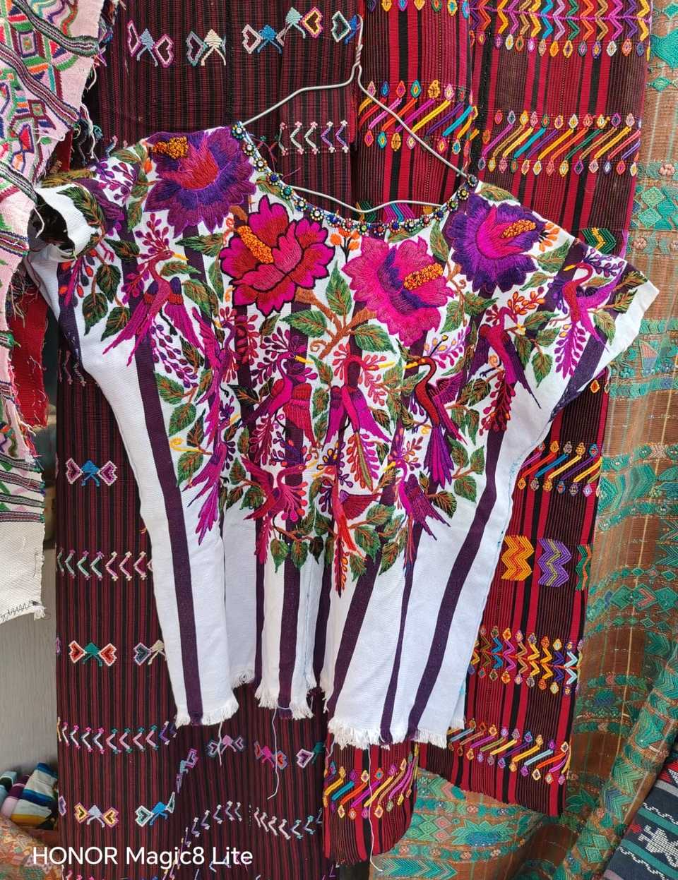 Pink and purple quetzal Santiago huipil #5-309
