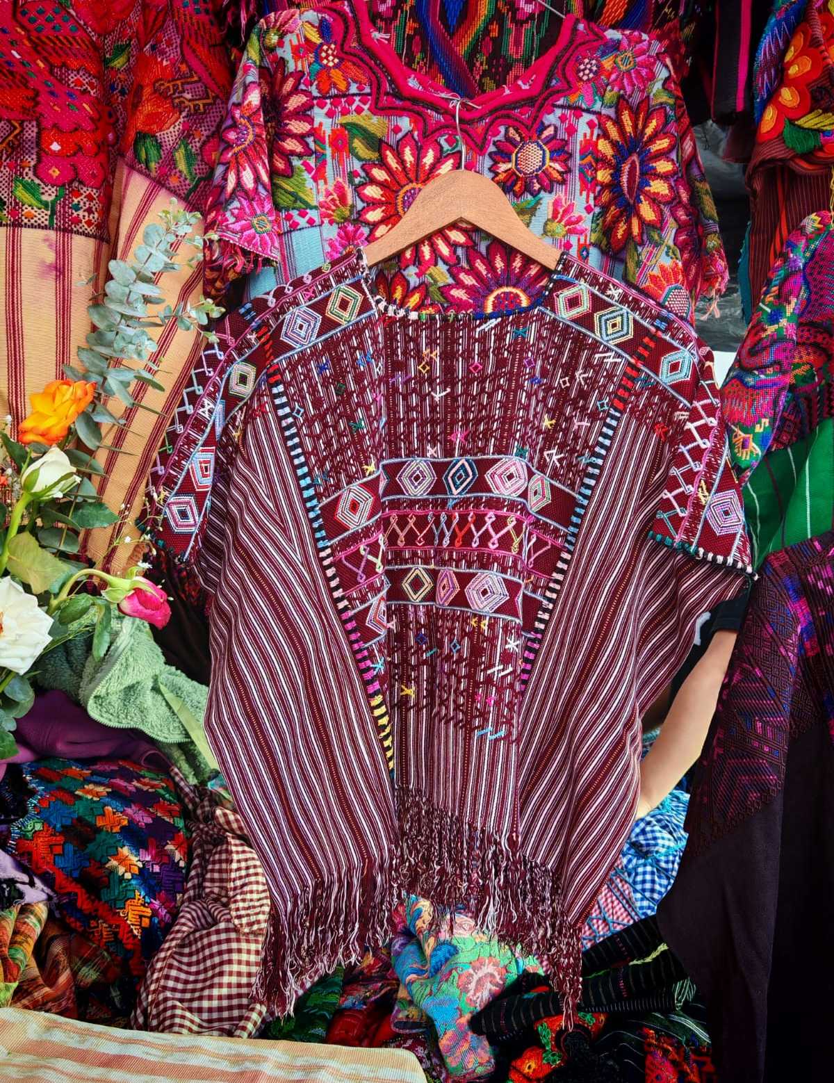 Burgundy fringed Colotenango huipil #6-26