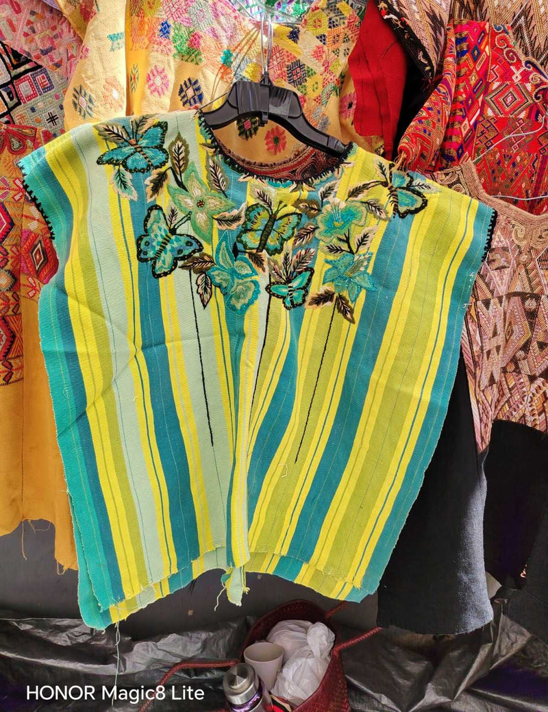 Turquoise and yellow butterfly Santiago huipil #4-71