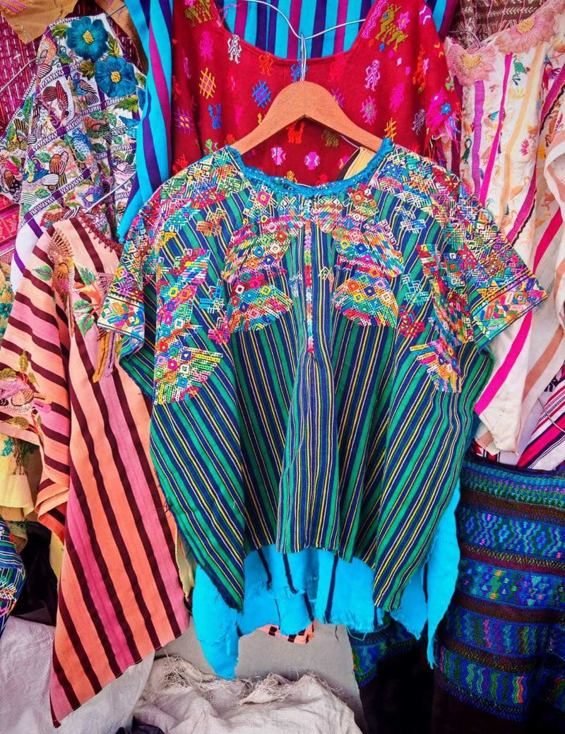 Striped blue and green Nahuala huipil #2-80