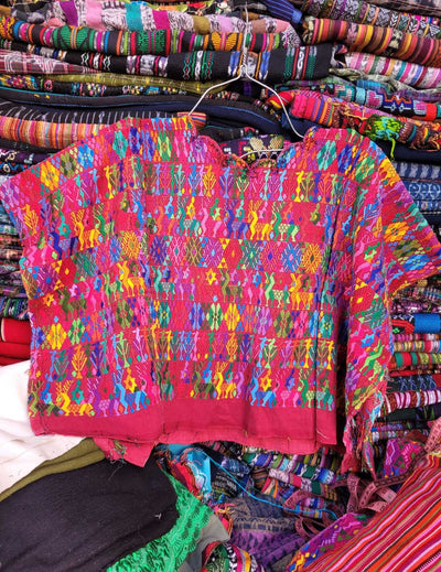 Colourful on pink Coban huipil #2-47