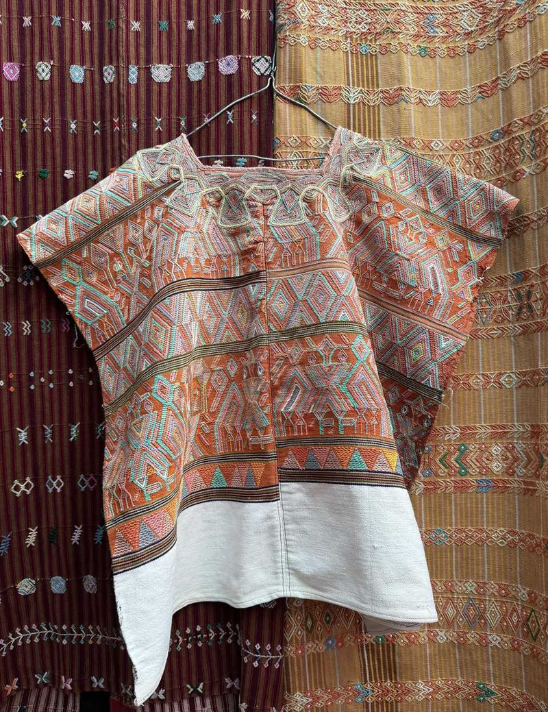 Coral with blue accents Nebaj huipil #5-76