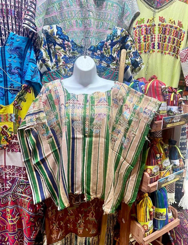 Green and Beige Striped Nahuala Huipil #6-353