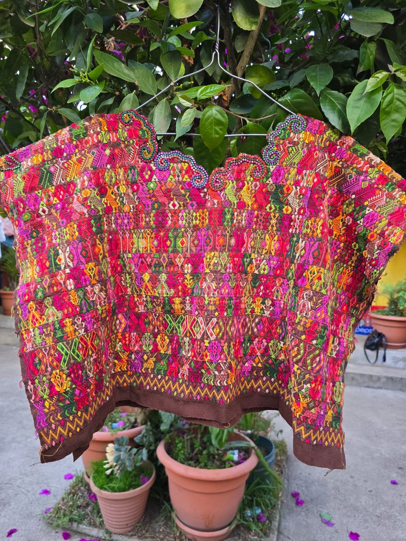 (Reserved for April) Colourful on brown Coban huipil