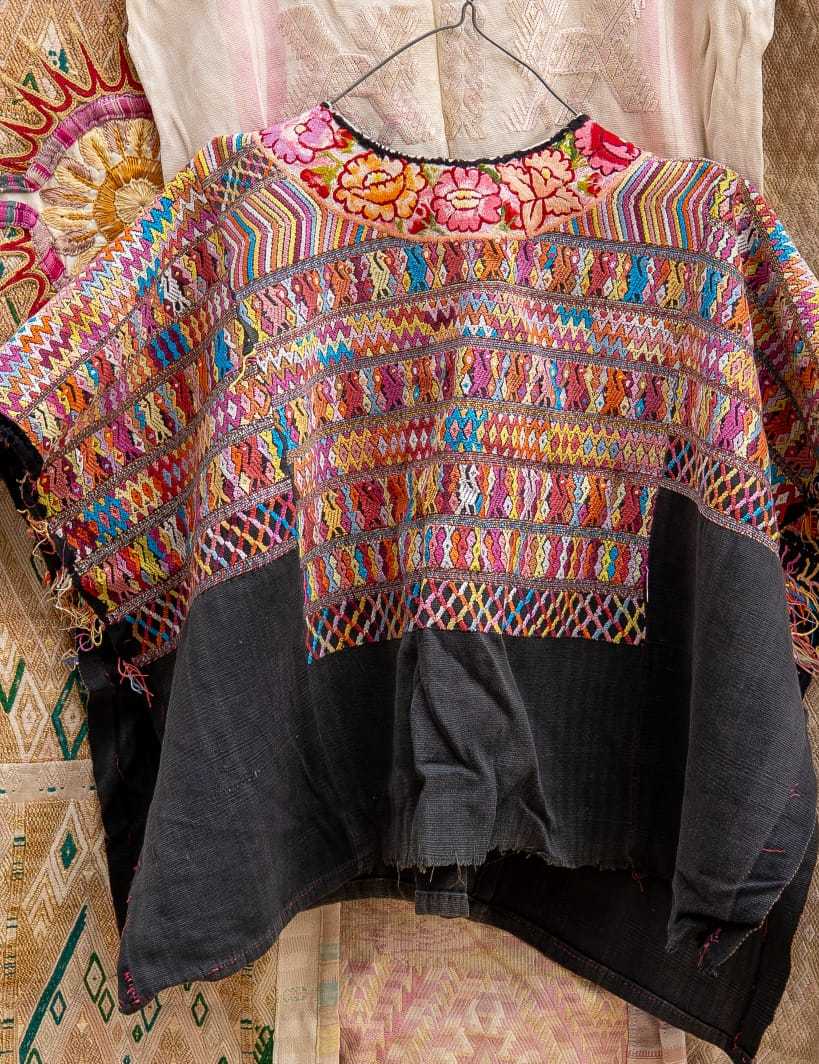 Colourful on black San Juan Cotzal huipil #4-148
