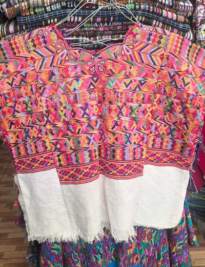Colourful on white San Juan Cotzal huipil #2-38