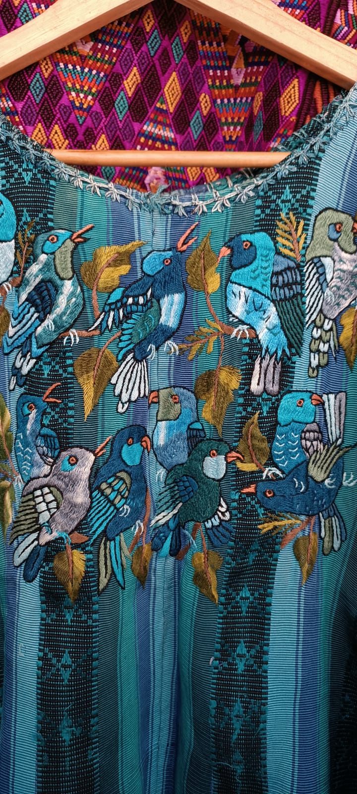 Blue striped Santiago huipil with birds