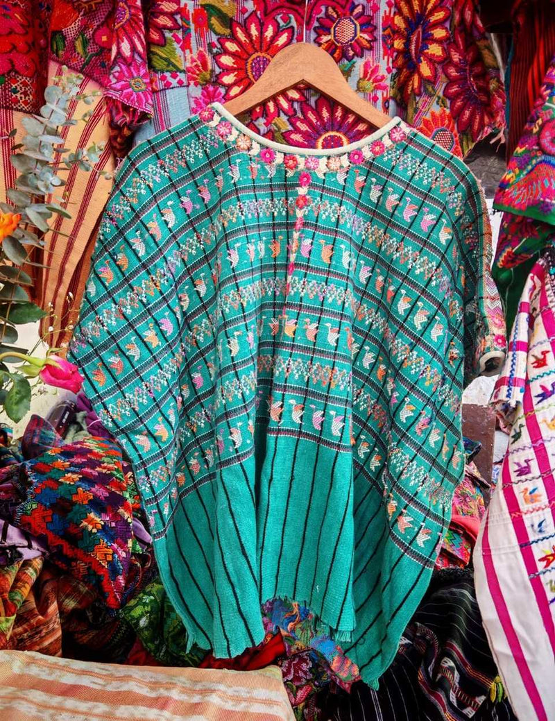 Emerald green with pink swans San Lucas huipil #6-72