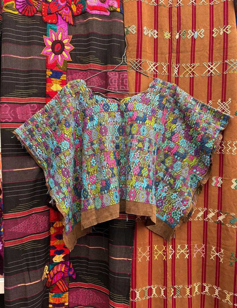 Blue and pink on brown Coban huipil #4-225