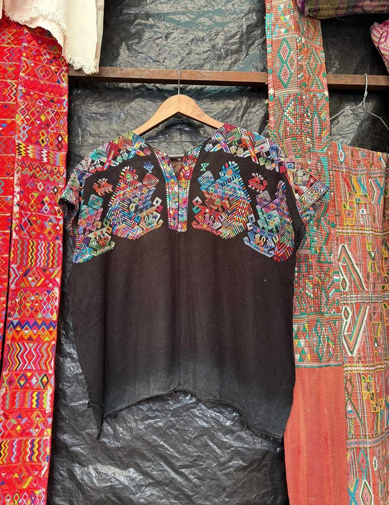 Black with colourful quetzals Nahuala huipil #6-80