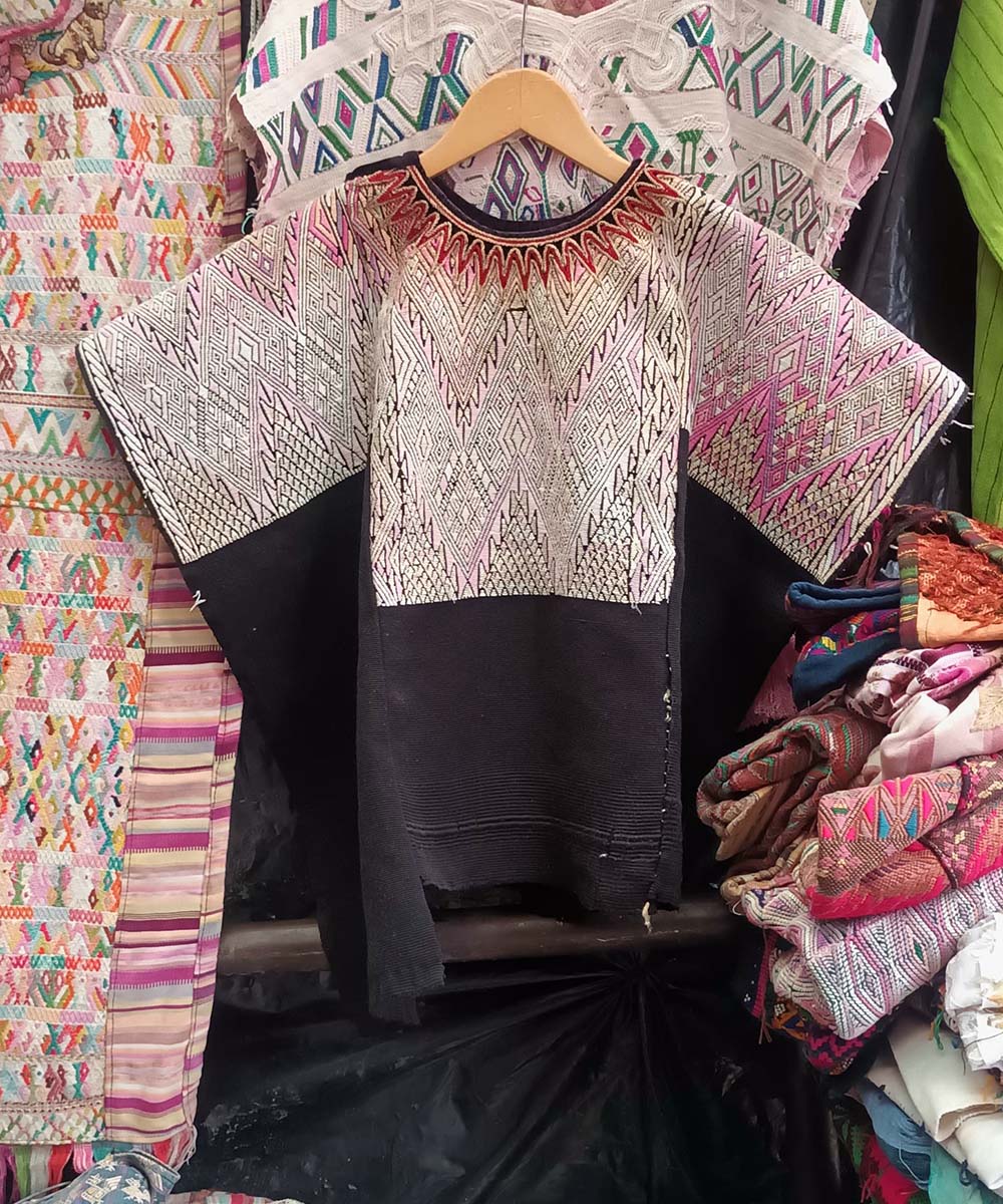 Pink chevron on black Chichi huipil