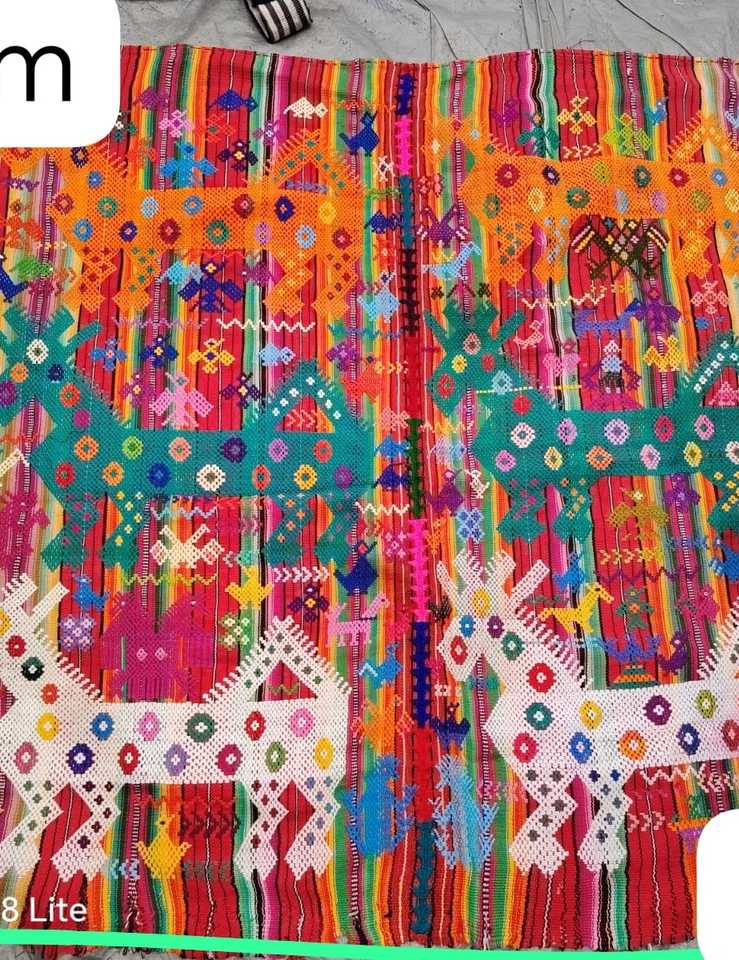 Colourful horses on red stripes Chichicastenango tzute #5-27