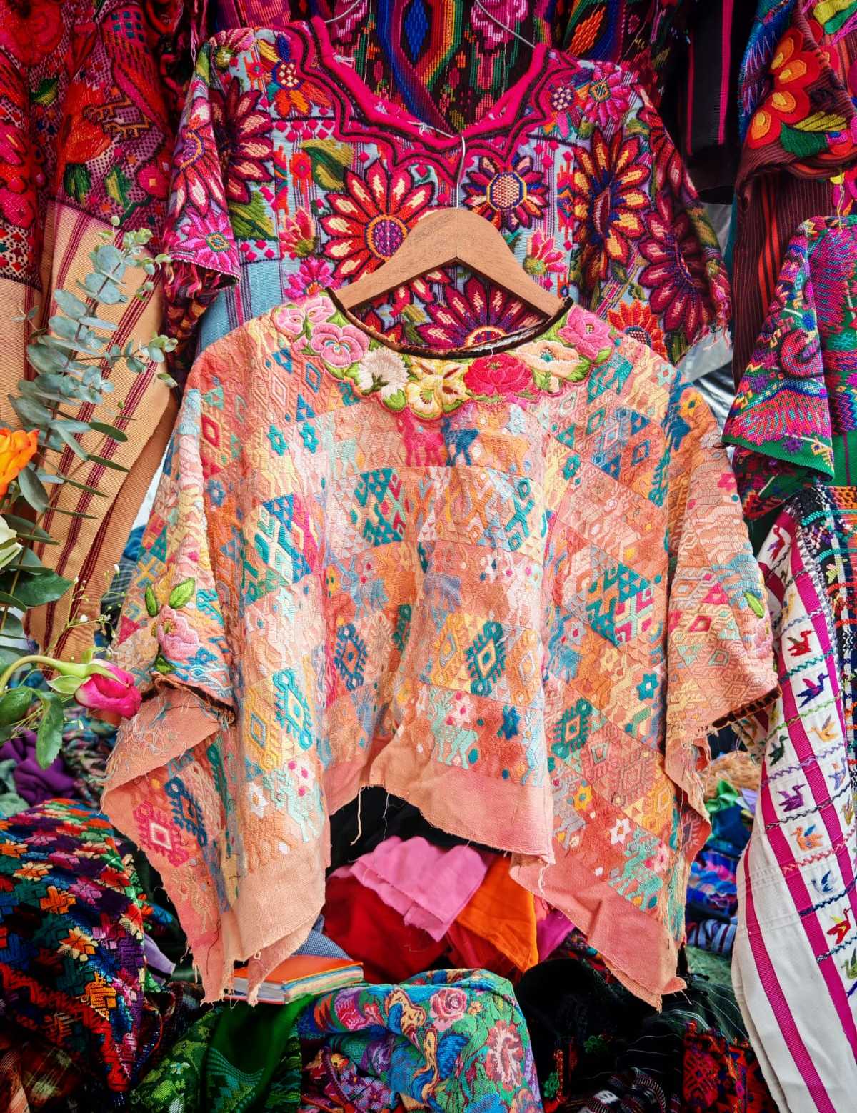 Coral and teal Coban huipil #6-30