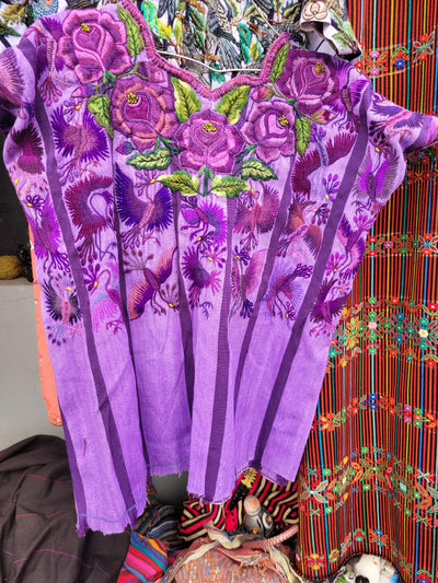 Lilac floral and bird Santiago huipil for Myriam