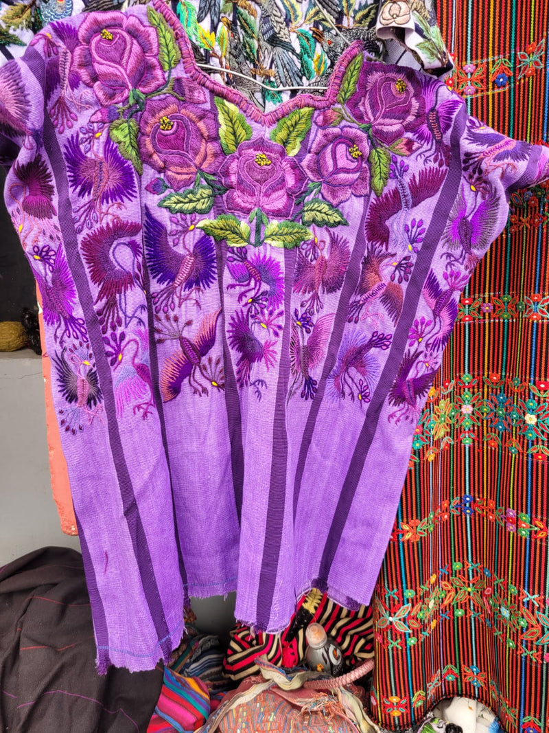 Lilac floral and bird Santiago huipil for Myriam