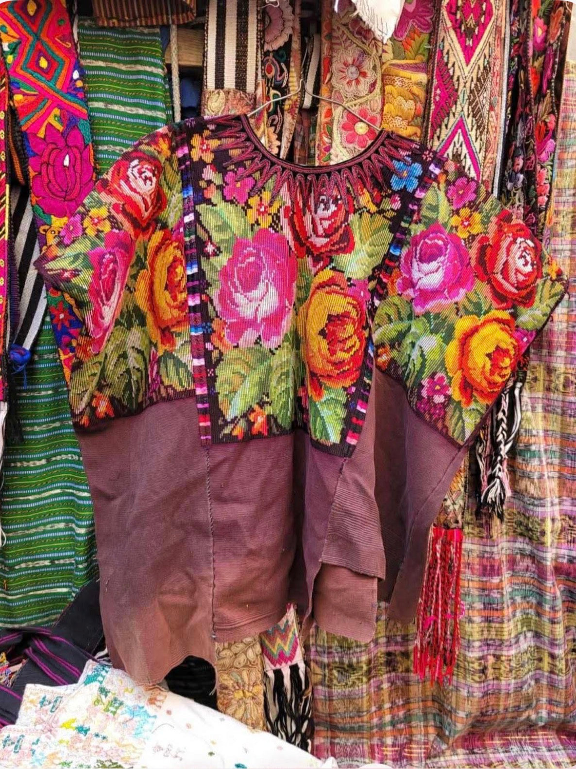 Brown Chichi huipil with roses for Myriam