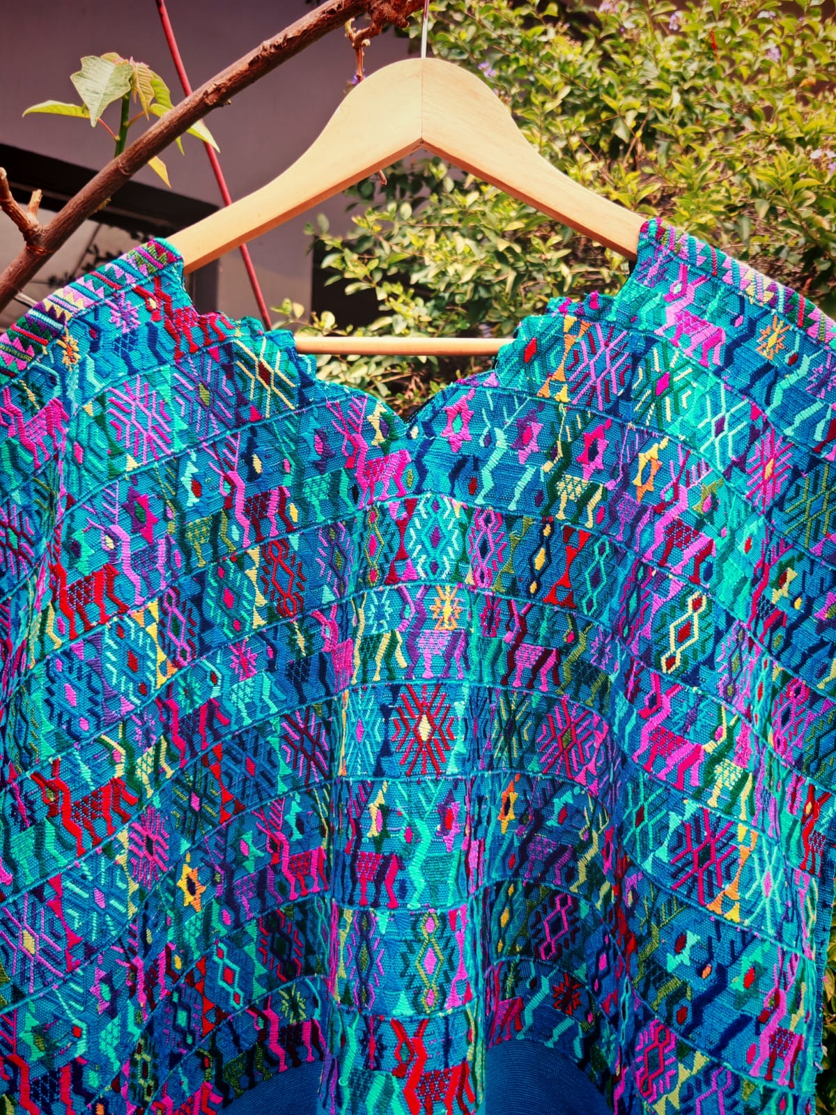 Colorful on blue Coban huipil (reserved for Sarah)