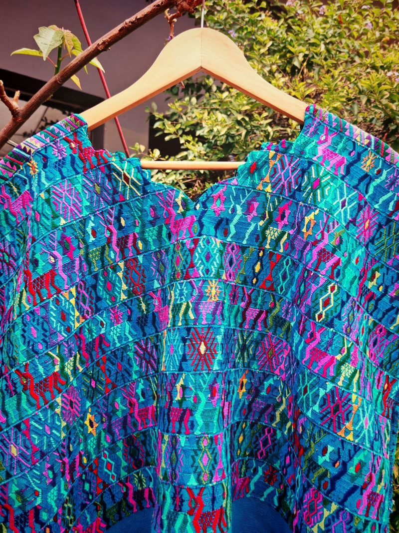 Colorful on blue Coban huipil (reserved for Sarah)