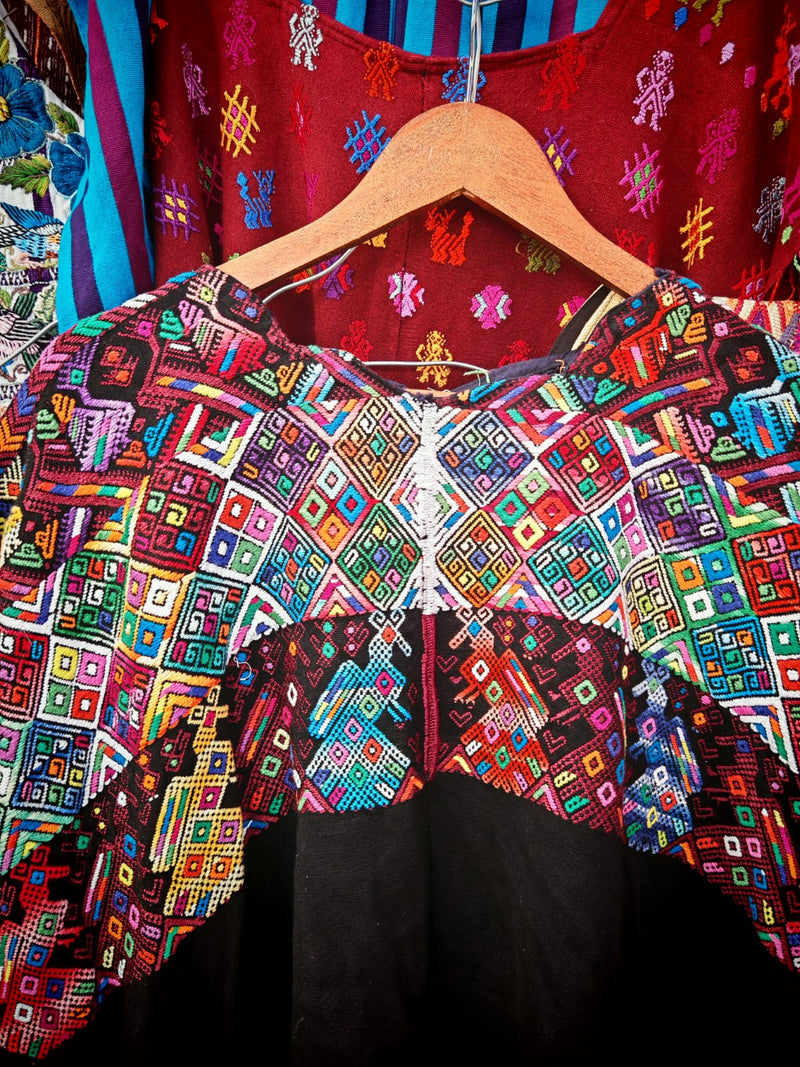 Colorful on black Nahuala huipil (Reserved for Annie)