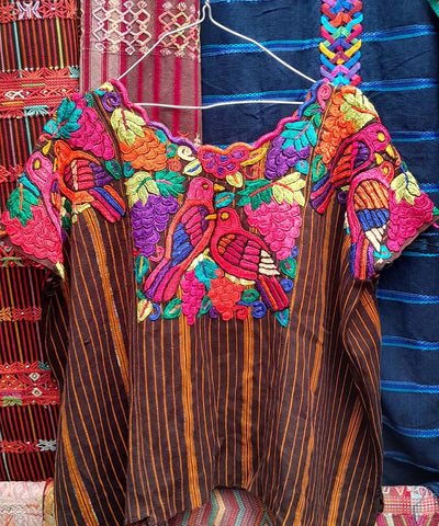 Striped brown and pink bird Chichi huipil