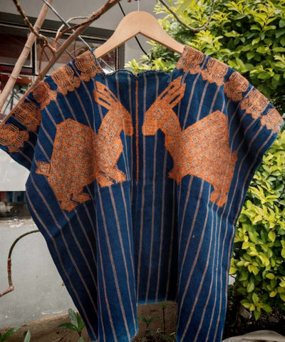 Indigo Nahuala huipil with bunnies