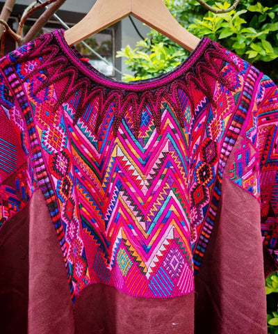 Fuchsia and maroon Chichi huipil
