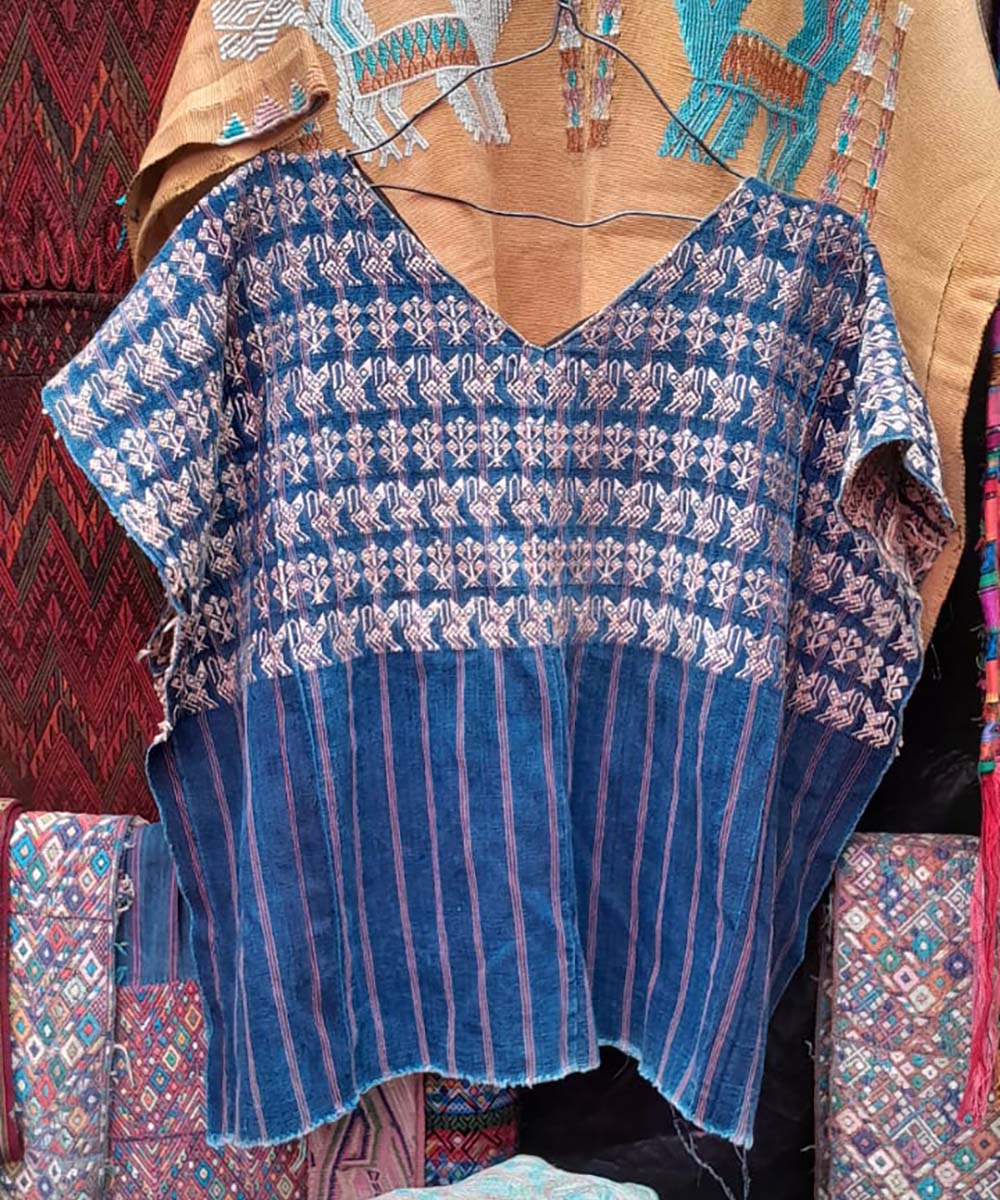 Indigo Nahuala huipil with cats and corn