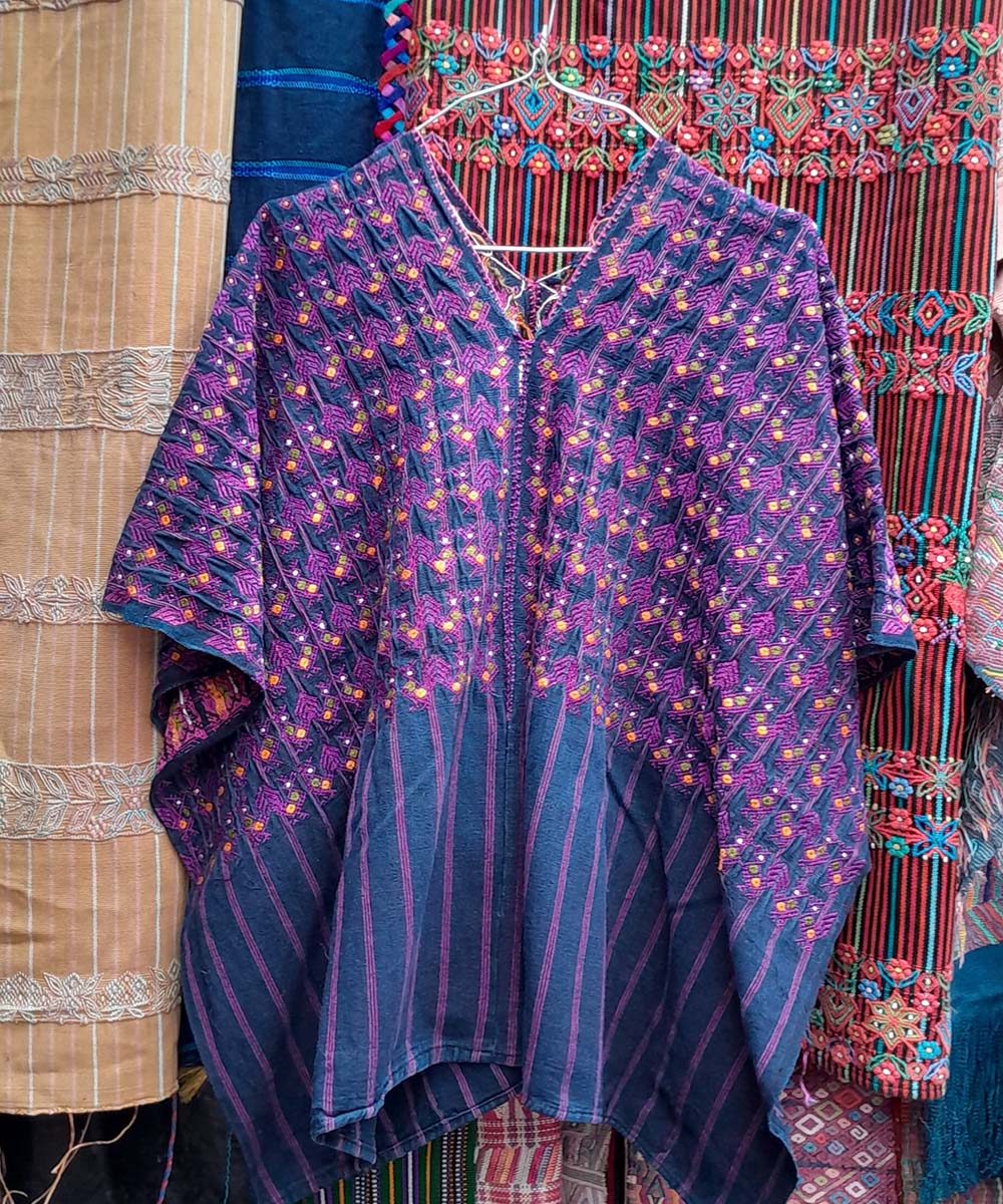 Indigo Nahuala huipil with purple chickens