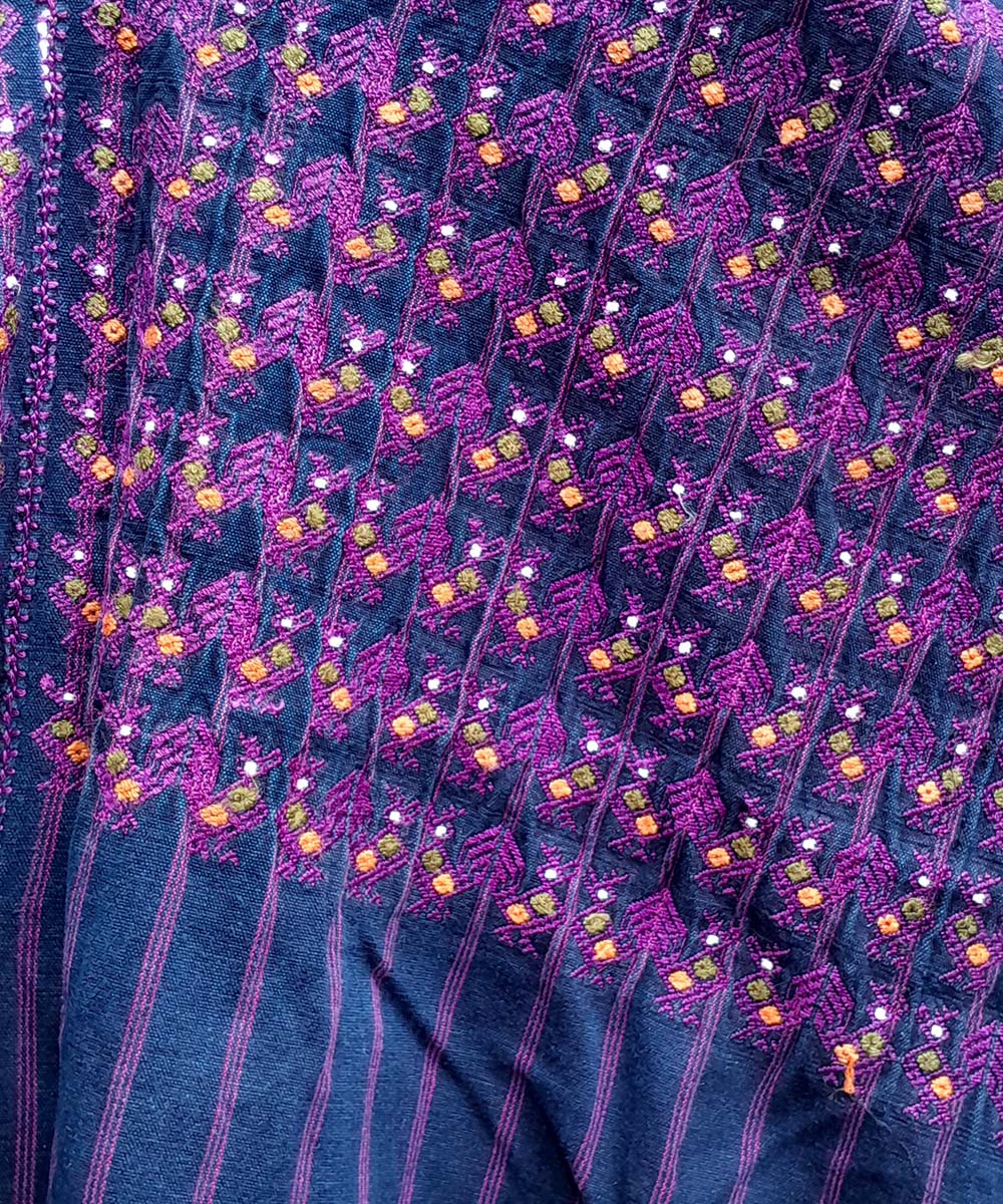 Indigo Nahuala huipil with purple chickens