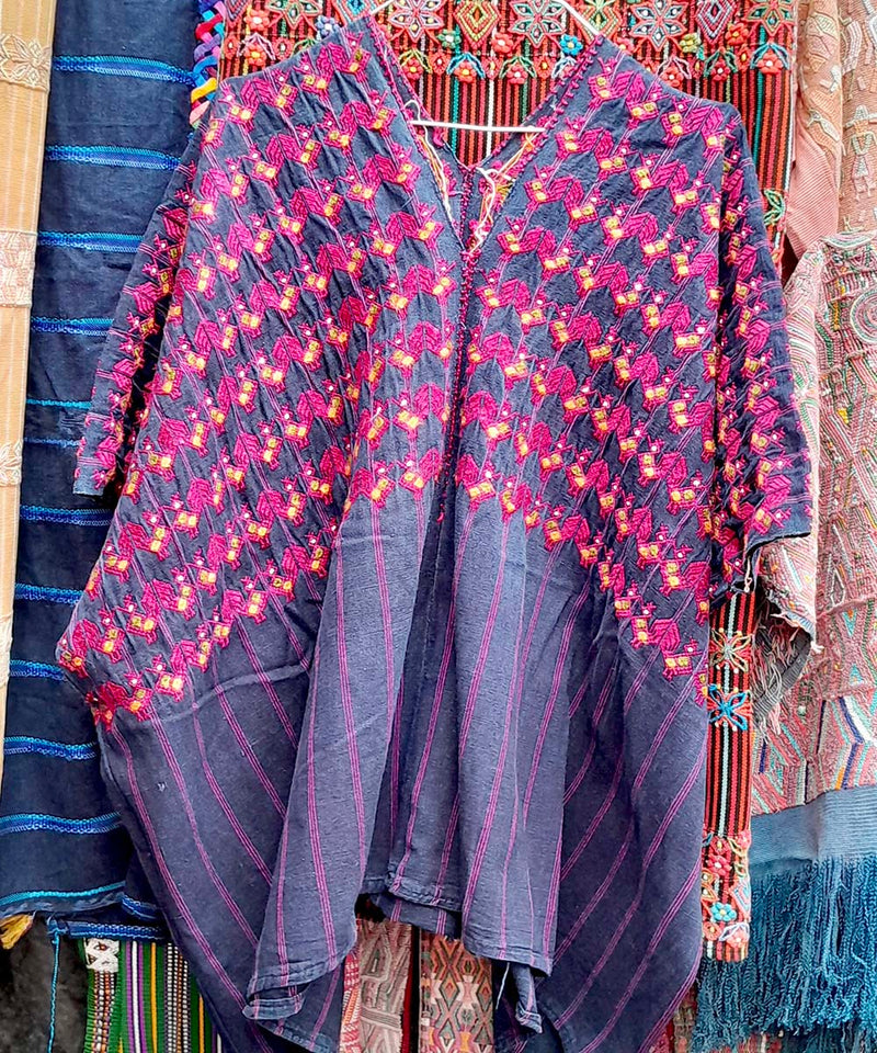 Indigo Nahuala huipil with hot pink chickens