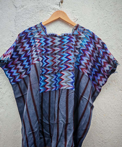 Blue zigzag and striped huipil