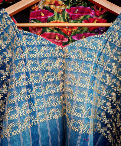 Indigo Nahuala huipil with gold chickens