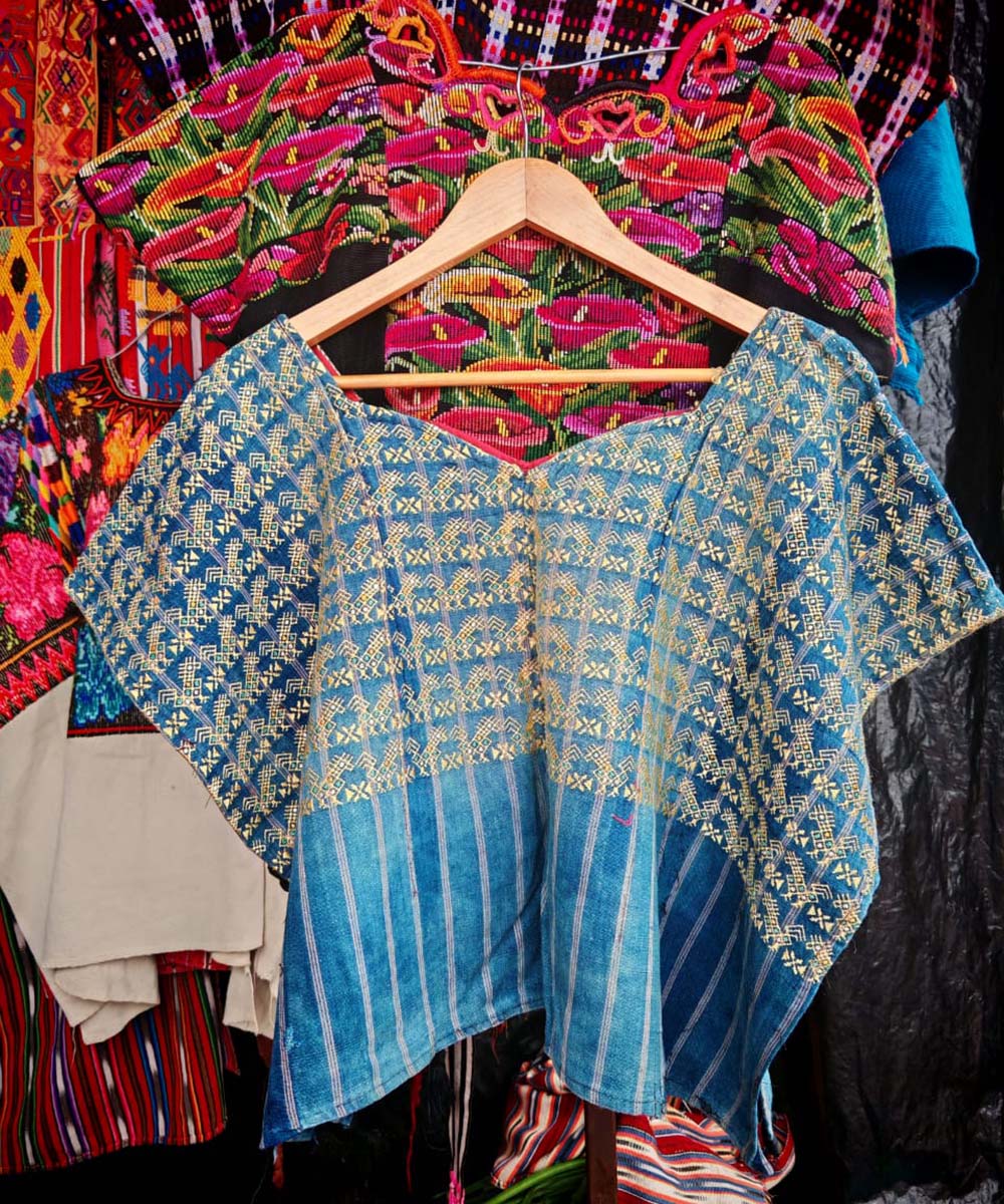 Indigo Nahuala huipil with gold chickens
