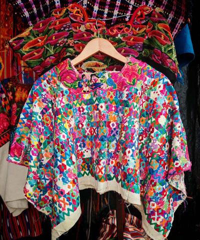 Colorful Coban huipil with floral neckline