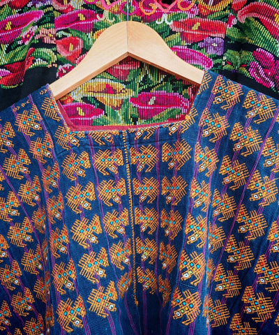 Indigo Nahuala huipil with gold turkeys