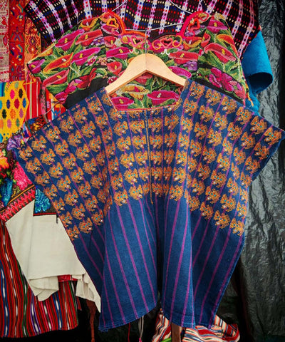 Indigo Nahuala huipil with gold turkeys