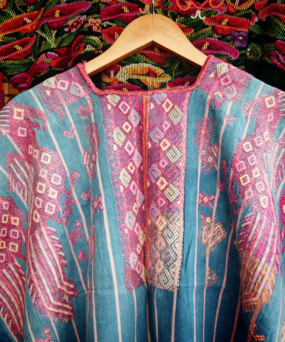 Indigo Nahuala huipil with pink quetzales