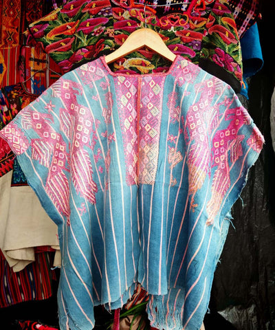 Indigo Nahuala huipil with pink quetzales