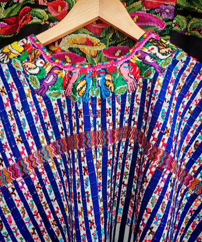 Blue San Lucas huipil with floral neckline