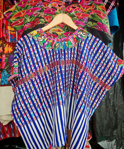 Blue San Lucas huipil with floral neckline