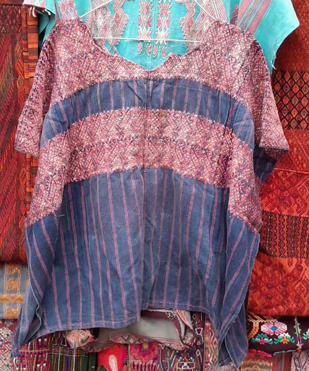 Indigo Xejuyub huipil with red embroidery