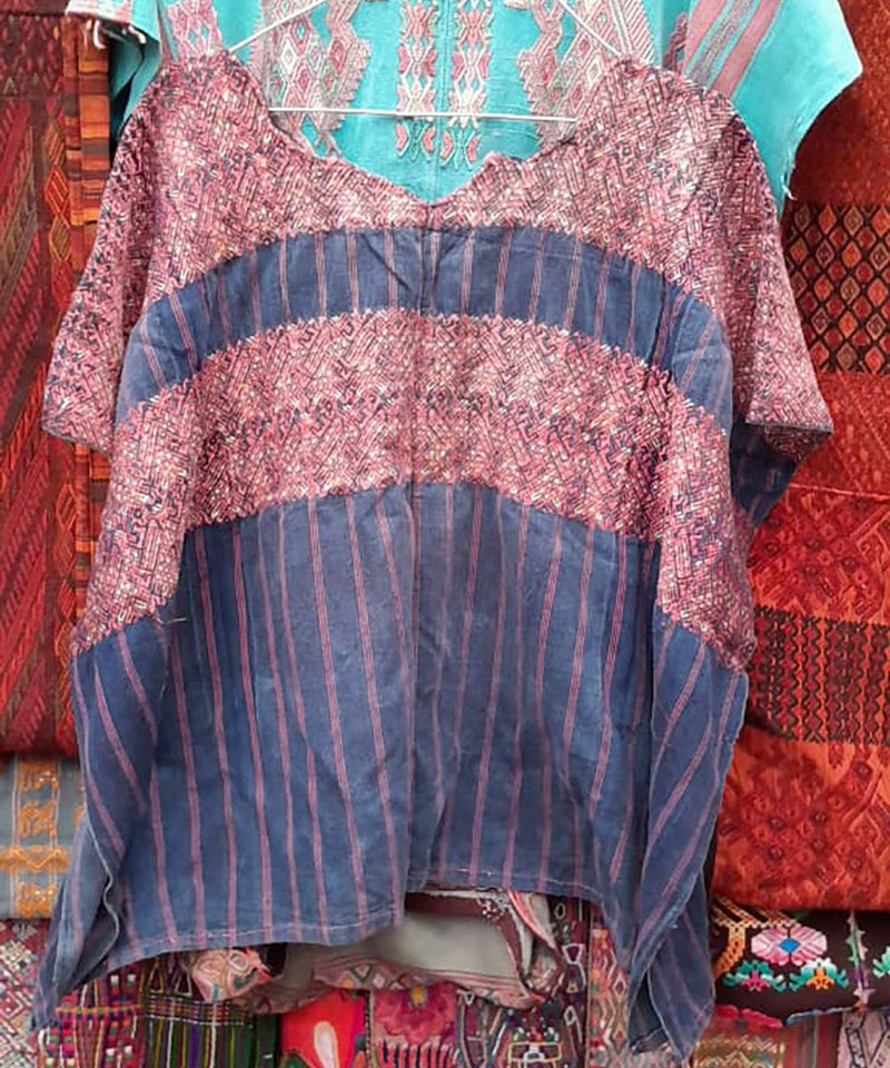 Indigo Xejuyub huipil with red embroidery