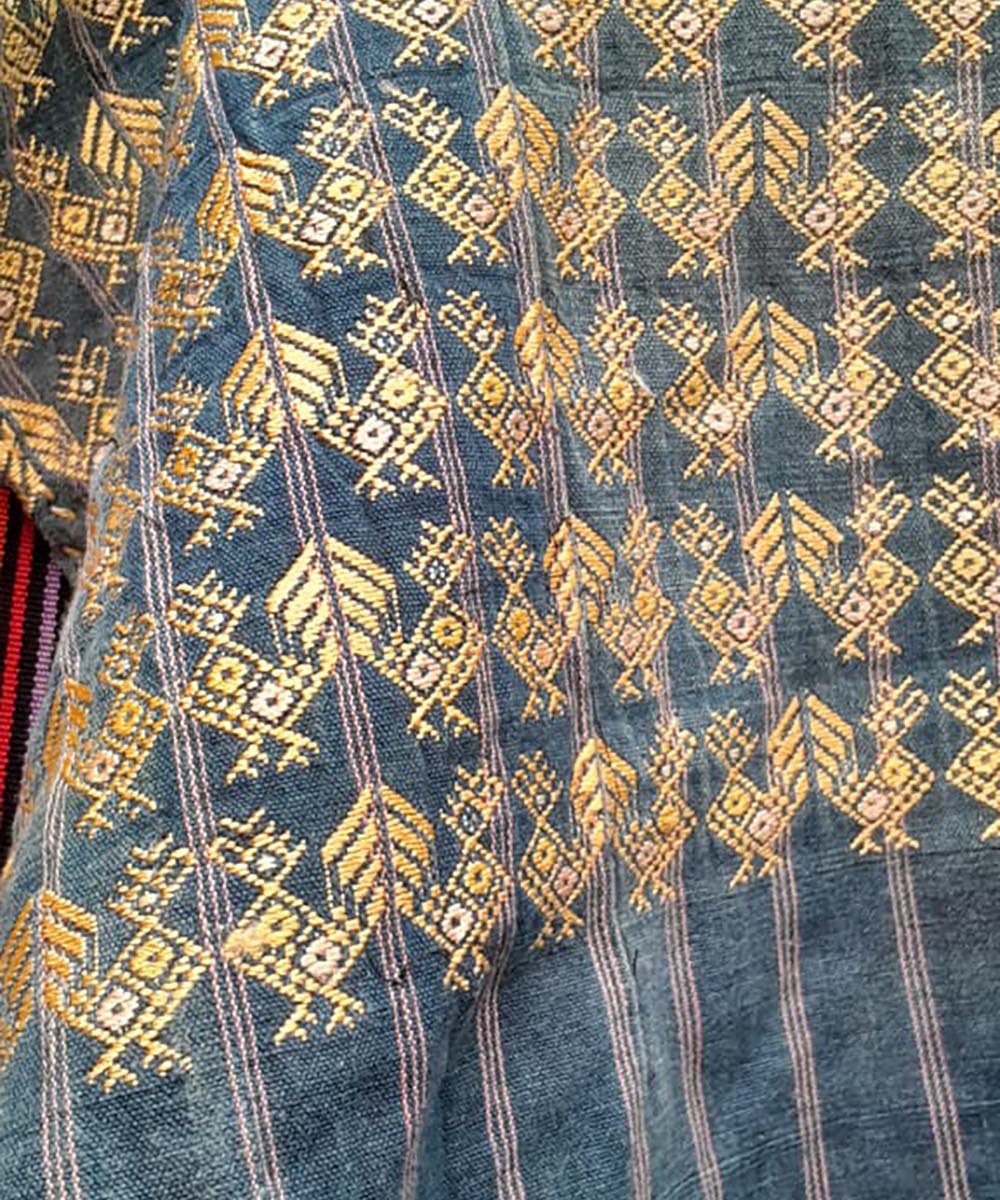 Faded Indigo Nahuala huipil with gold chickens