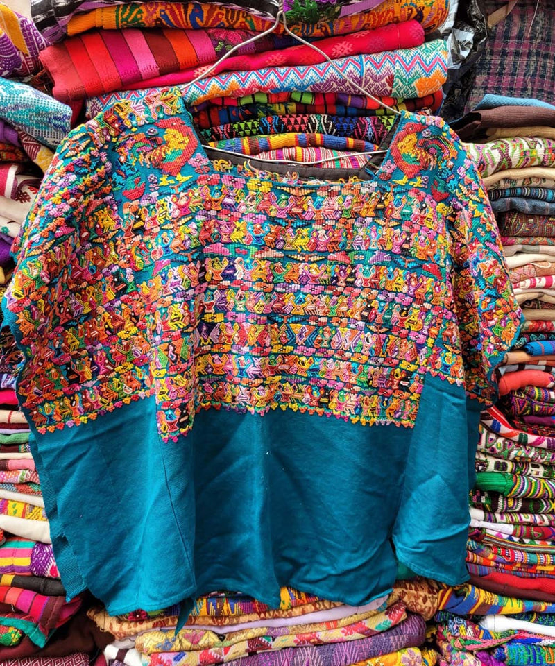 Teal blue San Juan Cotzal huipil